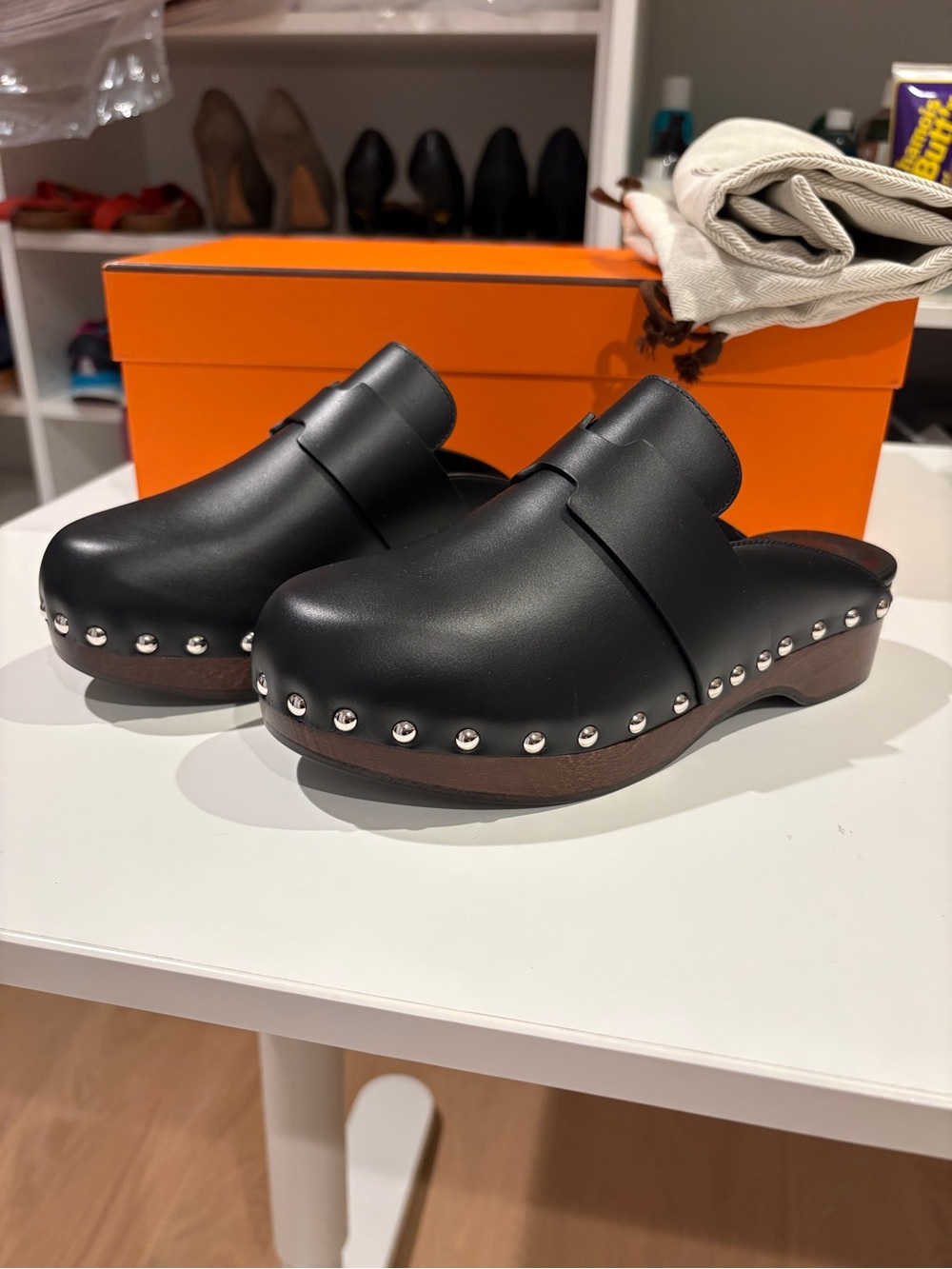 Hermès Calya Mule Black on Black Silver Studs Sz 35 NEW Box & Shoe Bags H2112